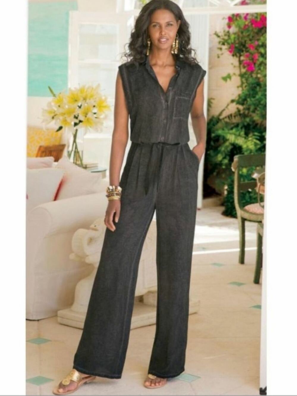 Soft Surroundings Camilla Wide Leg Jumpsuit in Burnout Faded Slate Gray - Size L